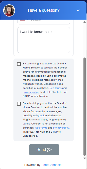 The same panel scrolled down: both unchecked consent checkboxes with their full disclosure texts, then the Send button.